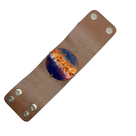 Leighelena GENUINE Leather Metallic Cuff Bracelet with Enamel Centerpiece - Picture 2 of 13